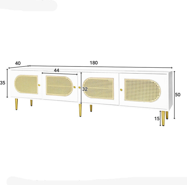 Wit Rattan - TV Cabinet - 180x40x50cm - 4 Rattan-Deuren - Verstelbare Planken - en Kabelbeheer voor Televisies tot 80 inch - Tv-Kast - Lowboards