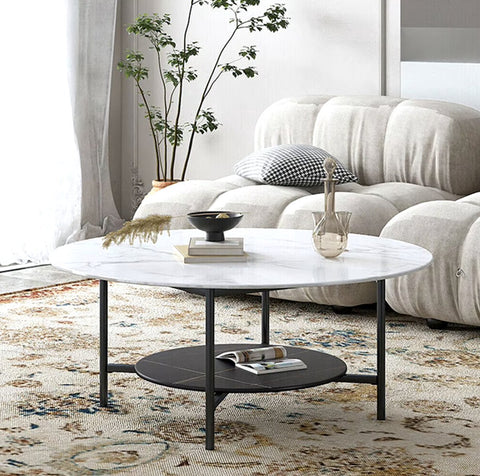 Salontafel - Ronde salontafel - Gesinterd steen - Marmerlook - 2 laags - Wit/Zwart - 80cm