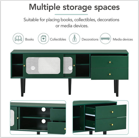 TV-Meubel - Groen met Wit Rotan - met 2 Rotan Schuifdeuren - 2 Laden - 4 Vakken met Verplaatsbare Planken