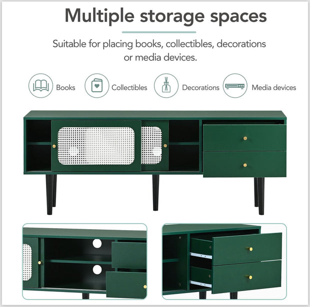 TV-Meubel - Groen met Wit Rotan - met 2 Rotan Schuifdeuren - 2 Laden - 4 Vakken met Verplaatsbare Planken