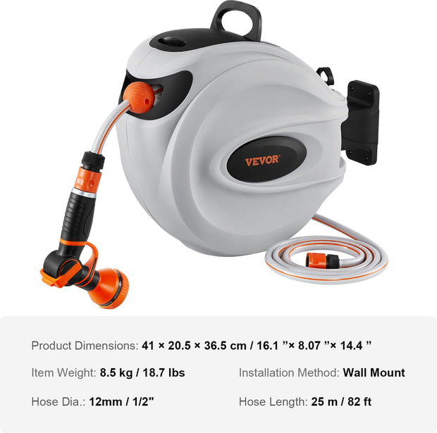 Intrekbare Slanghaspel - Wandgemonteerde - 25m x 12mm - Automatisch Oprolsysteem - 180° Draaibare Beugel - 9 Patronen Spuitmond - Geschikt voor Tuinen - Auto's en Huisdieren