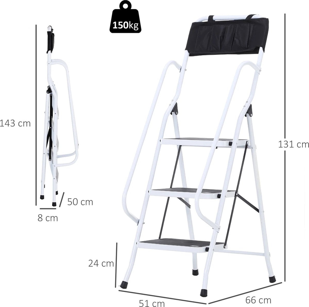 Huishoudtrap - Opvouwbaar - 4 Treden - Antislip - Inclusief Zijleuning