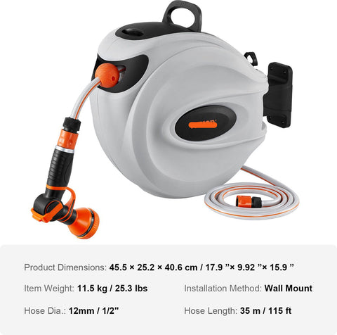 Wandgemonteerde Intrekbare Slanghaspel - 35m x 12mm - Automatisch Oprolsysteem - 180° Draaibare Beugel - 9 Patronen Spuitmond, Geschikt voor Tuinen - Auto's en Huisdieren
