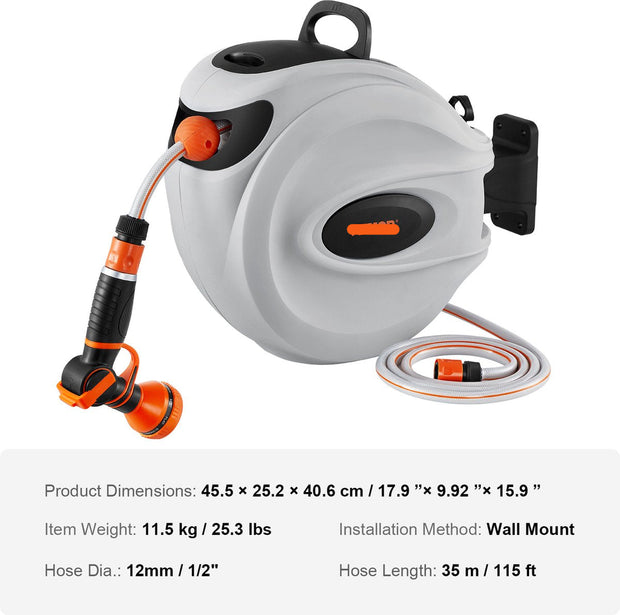 Wandgemonteerde Intrekbare Slanghaspel - 35m x 12mm - Automatisch Oprolsysteem - 180° Draaibare Beugel - 9 Patronen Spuitmond, Geschikt voor Tuinen - Auto's en Huisdieren