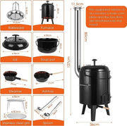 Buitenkeuken -Emaille - Stoofpot 21 Liter - BBQ - Grill - Goulash-ketel - Stoomboot met grill, braadpan en soeppan - 36x36x126 cm - Incl. schoorsteen, thermometer en luchtventilatie