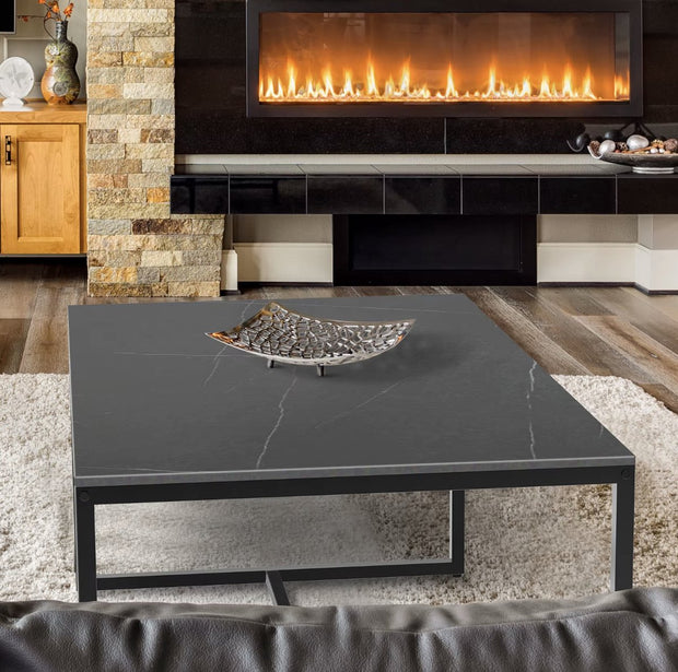 Salontafel - Gesinterd Steen Salontafel - Marmerlook - Rechthoek - Zwart - 100x60x43cm