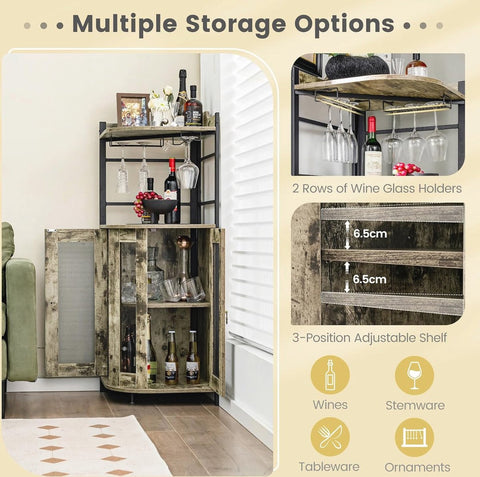 Hoekbarkast voor Wijn met Glazen Houder - Verstelbare Planken en Industrieel Design
