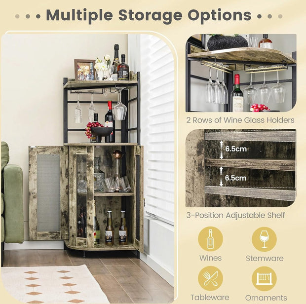 Hoekbarkast voor Wijn met Glazen Houder - Verstelbare Planken en Industrieel Design