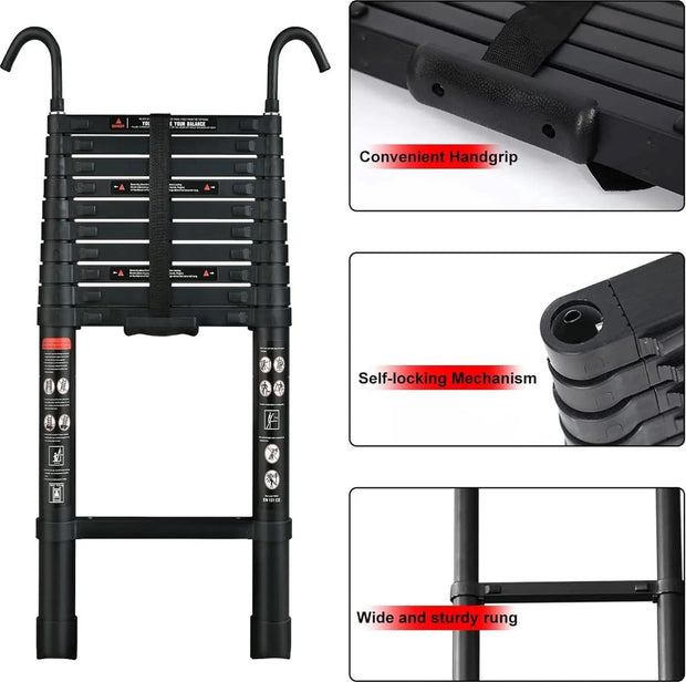 Telescopische Opvouwbare Ladder - 5M Aluminium Verlengladder met Afneembare Haak en Antislipdoppen - Geschikt voor Schilderen, Ramen Wassen, Onderhoud - Werkhoogte 500cm