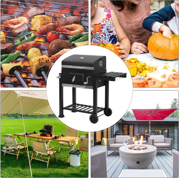 Bbq - Barbecue - Bbq houtskool - Houtskool grill - Bbq met deksel - Hoogte verstelbare Bbq - Bbq staand met wielen - Zwart