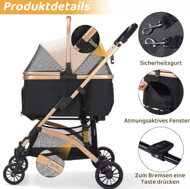 Hondenbuggy - Luxe huisdieren buggy - Buggy - Hondenwagen - Honden en katten - Opvouwbaar - Met opbergruimte - Zwart/goud