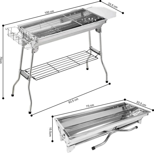 RVS Barbecue - Houtskool Grill - BBQ - Roestvrijstaal - 73 x 34 CM - Inclusief kookgereedschap - Zilverkleurig - RVS