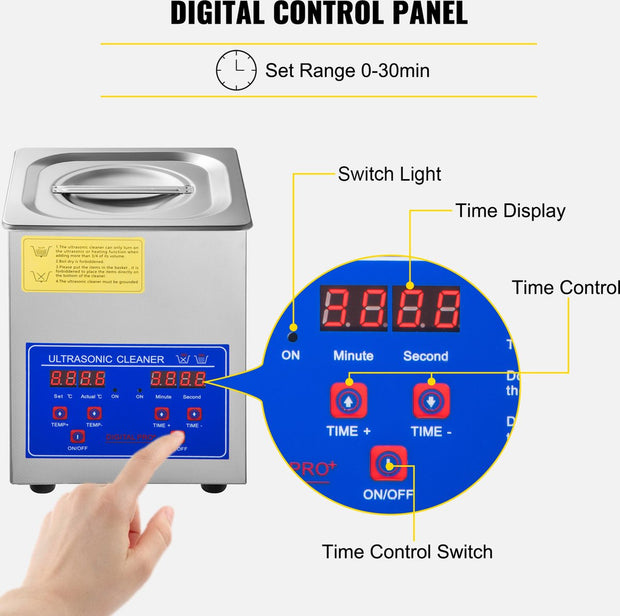 Ultrasoon Reiniger - Roestvrij Staal - Professionele Ultrasone Reinigingsapparaat - Digitale Verwarmings Timer - Sieraden - Brillen - Tanden - 1.3 L - 60W - 40kHz - Ultrasoon vermogen 60W - Verwarmingsvermogen 100W - Zilver