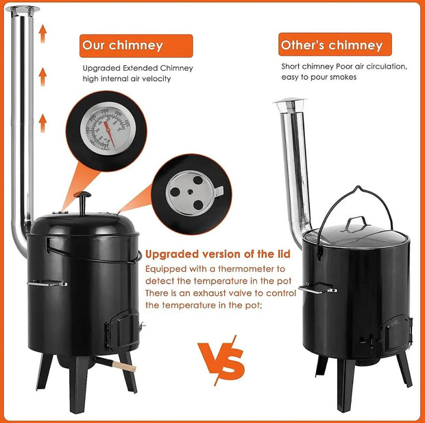 Buitenkeuken -Emaille - Stoofpot 21 Liter - BBQ - Grill - Goulash-ketel - Stoomboot met grill, braadpan en soeppan - 36x36x126 cm - Incl. schoorsteen, thermometer en luchtventilatie