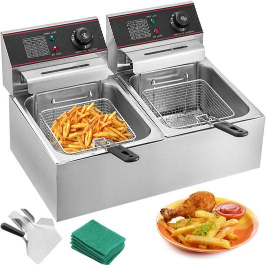 12L Elektrische Friteuse - Dubbele Tank - Roestvrij Staal - 5000W Commercieel - Geschikt voor Fast Food Restaurants - Kipkramen en Cateringbedrijven