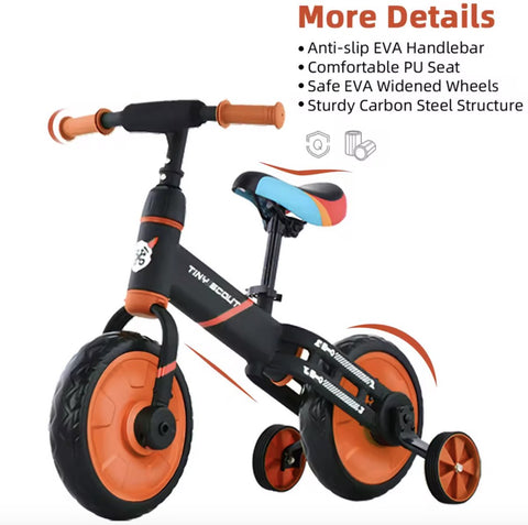 Loopfiets - Kinderfiets - Kleuterfiets - Peuterfiets - 4in1 kinderfiets - Afneembare trappers - Afneembare zijwieltjes - Verstelbaar zadel - Blauw - Zwart