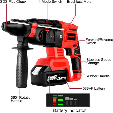 Boorhamer - Rood - Met Accu - Met Koffer - SloopHamer - Sloop - Jack Hamer - Drilboor - Zware Beton Breker - Krachtige - Elektrische Breekhamer - Boorhamer - Professionele