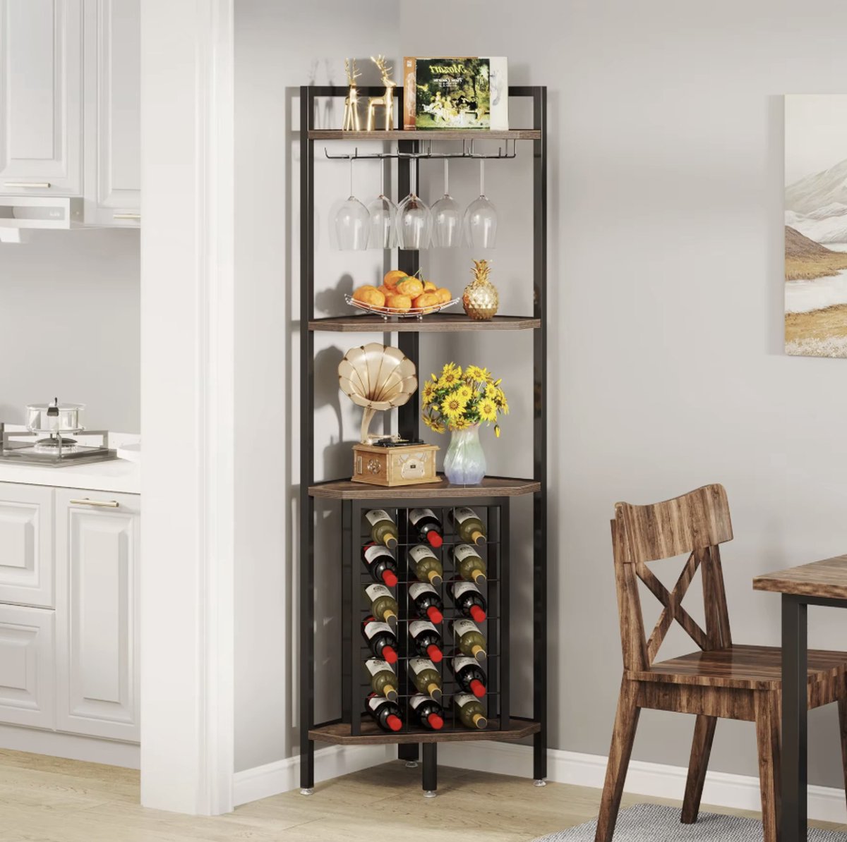 Wine cabinet - Wine rack - Beverage cabinet - Corner cabinet - Cupboard - With glass rack - Industrial - Wood and metal - Brown/Black
