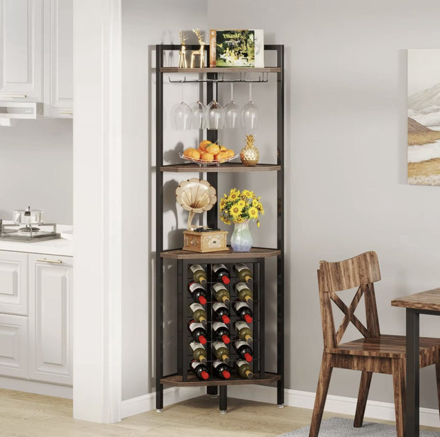 Wine cabinet - Wine rack - Beverage cabinet - Corner cabinet - Cupboard - With glass rack - Industrial - Wood and metal - Brown/Black