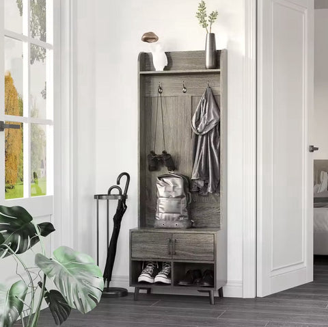 Kapstok - Garderobe rek - Kledingrek - 3 haken - Schoenen opslag - Plank - 2 deurtjes - Hout - Grijs - 60x34x170cm