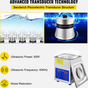Ultrasoon Reiniger - Roestvrij Staal - Professionele Ultrasone Reinigingsapparaat - Digitale Verwarmings Timer - Sieraden - Brillen - Tanden - 1.3 L - 60W - 40kHz - Ultrasoon vermogen 60W - Verwarmingsvermogen 100W - Zilver
