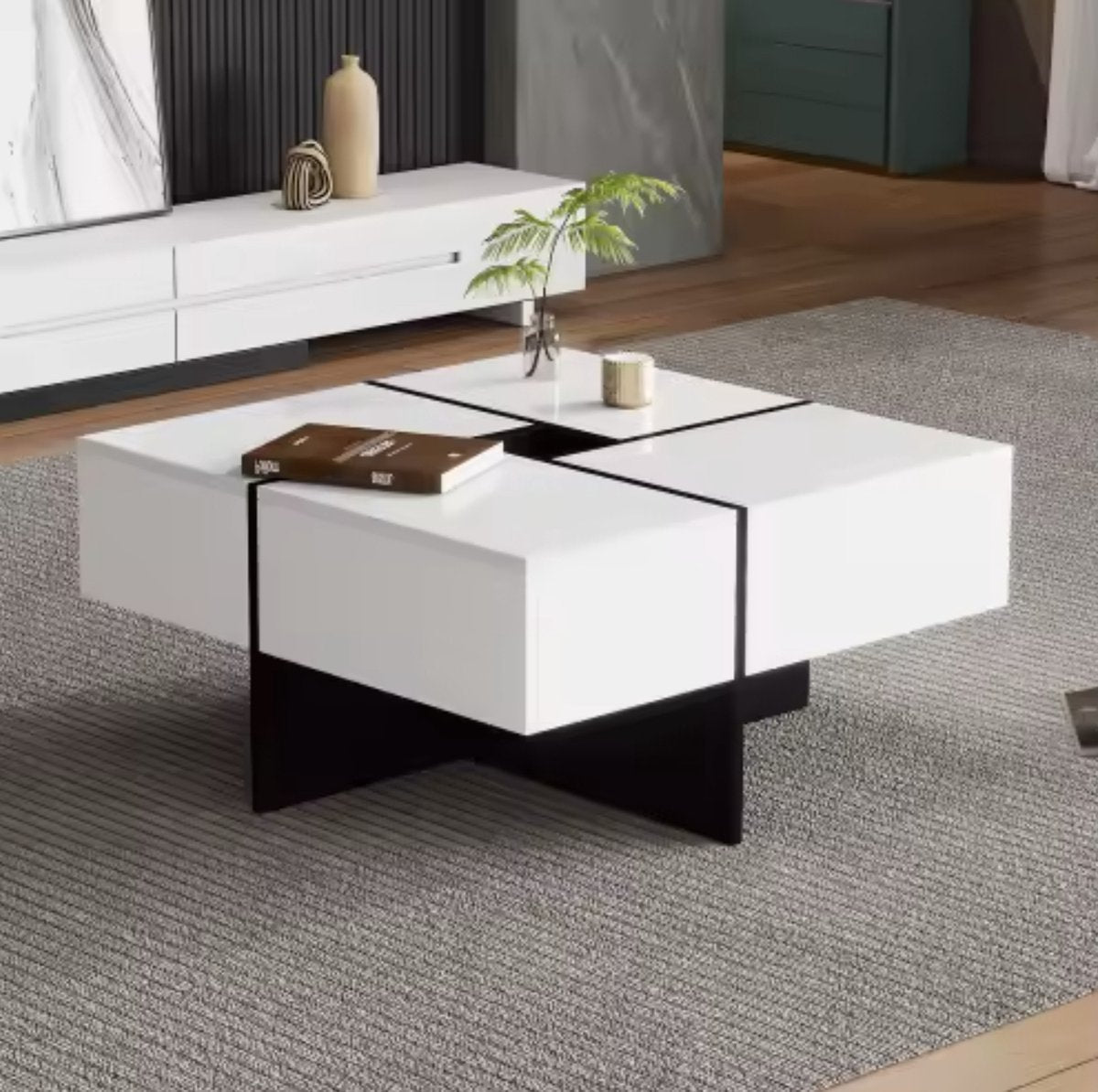 Salontafel - Hoogglans salontafel - Vierkant salontafel - 4 Lades - Uitschuifbaar - Hoogglans wit - 70x70x35cm