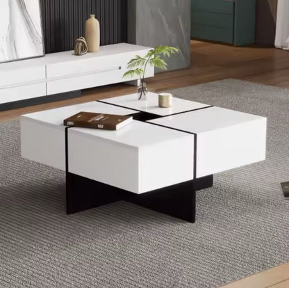 Salontafel - Hoogglans salontafel - Vierkant salontafel - 4 Lades - Uitschuifbaar - Hoogglans wit - 70x70x35cm
