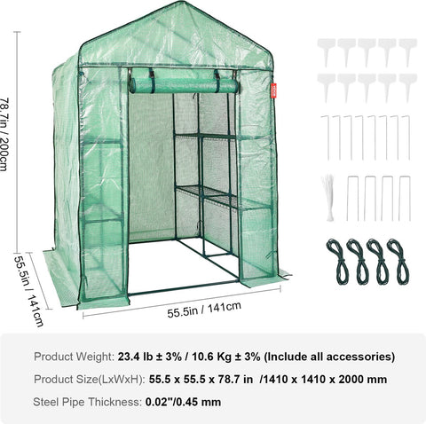 Filmkas - Tomatenkas - Met 4 planken - 141x141x200cm - PE Waterbestendige Hoes - UV - Bestendig - Stalen Frame - Groentekas voor Het Kweken van Groentenbloemen - Groen