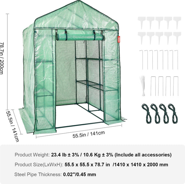 Filmkas - Tomatenkas - Met 4 planken - 141x141x200cm - PE Waterbestendige Hoes - UV - Bestendig - Stalen Frame - Groentekas voor Het Kweken van Groentenbloemen - Groen