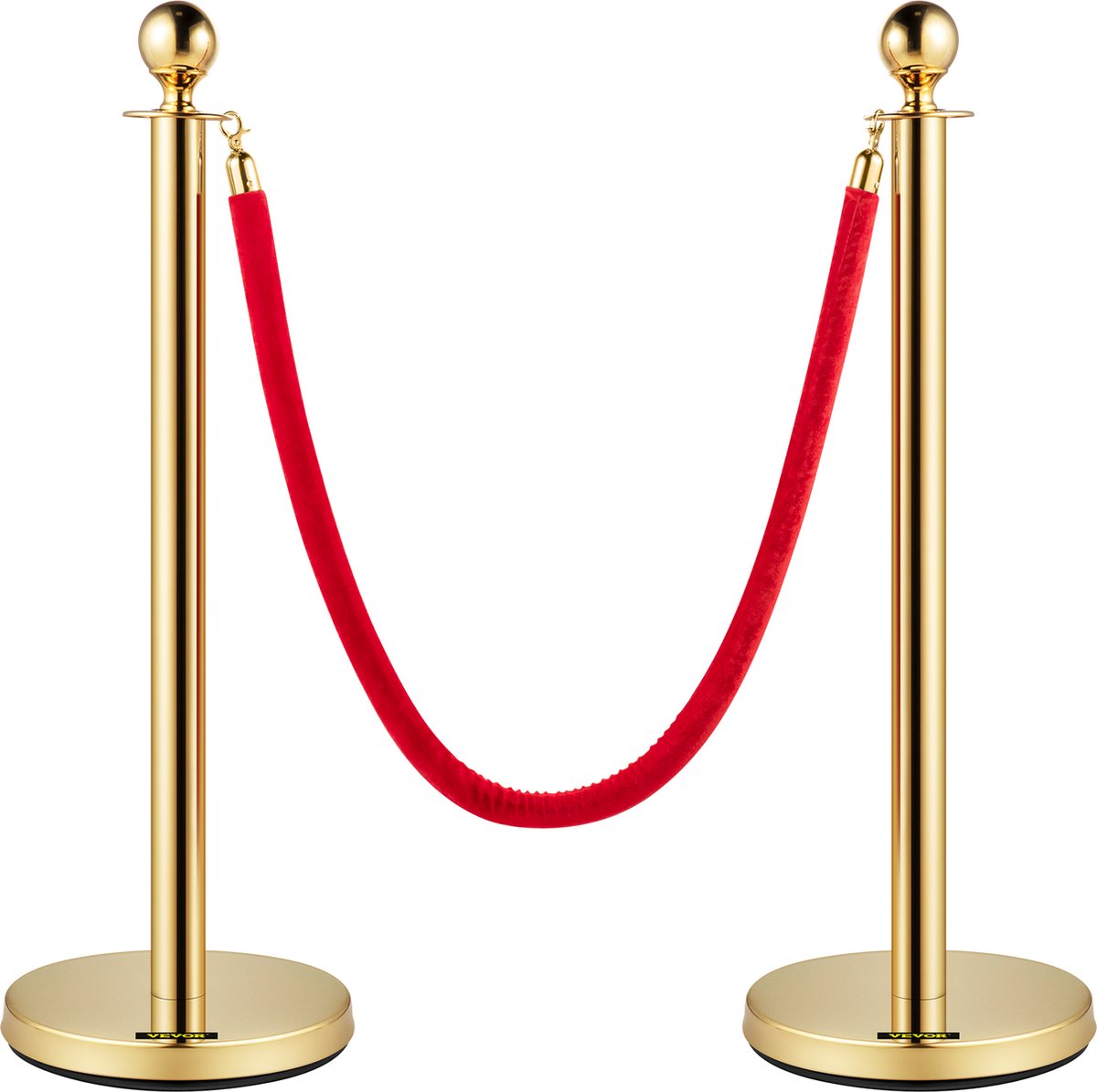 Afzetpaaltjes Crowd Control Stanchion Barrières - 1,5 m - Afzetpalen Voor Menigtecontrole - RVS Bolders - Goud Staanders - Fluwelen Touwen - 4 Stuks - Rood