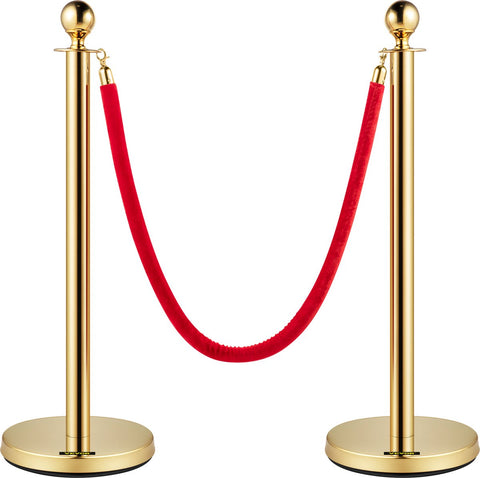 Afzetpaaltjes Crowd Control Stanchion Barrières - 1,5 m - Afzetpalen Voor Menigtecontrole - RVS Bolders - Goud Staanders - Fluwelen Touwen - 4 Stuks - Rood