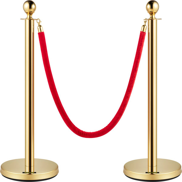 Afzetpaaltjes Crowd Control Stanchion Barrières - 1,5 m - Afzetpalen Voor Menigtecontrole - RVS Bolders - Goud Staanders - Fluwelen Touwen - 4 Stuks - Rood