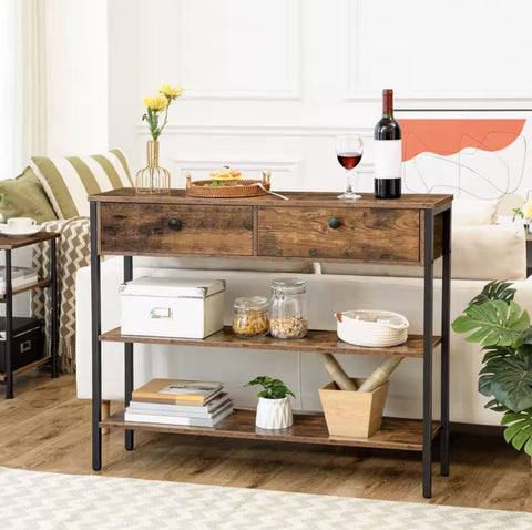 Sidetable - Smalle tafel - Smalle kast - Vakkenkast - Industrieel - Met 2 kleppen - Hout en Metaal - Bruin/Zwart - 100x24x80cm