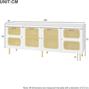 Elegant White Rattan - TV Cabinet - 180x40x72cm - met 4 Rotan Deuren - in Hoogte Verstelbare Planken - en Kabelbeheer - voor Maximaal 80 inch Televisies - Tv-Kasten - Lowboards