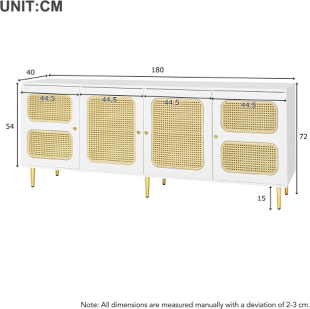 Elegant White Rattan - TV Cabinet - 180x40x72cm - met 4 Rotan Deuren - in Hoogte Verstelbare Planken - en Kabelbeheer - voor Maximaal 80 inch Televisies - Tv-Kasten - Lowboards