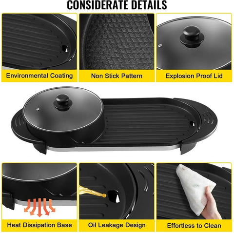 Grillplaat - Elektrische Barbecue - BBQ Elektrisch - Grill Apparaat - Inclusief Pan - 2-in-1 - Bakplaat Elektrisch - Hot Pot - Instelbare Temperatuur - Temperatuurregelaar