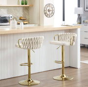 Luxury bar stool - Velvet Bar Stool - Set of 2 - Braided - Height adjustable - 360 degree rotatable - Velvet - Gold leg - Cream White