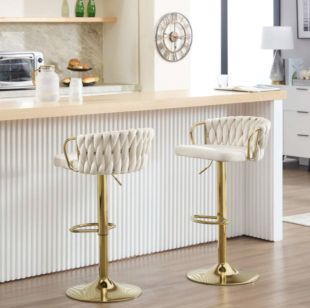 Luxury bar stool - Velvet Bar Stool - Set of 2 - Braided - Height adjustable - 360 degree rotatable - Velvet - Gold leg - Cream White