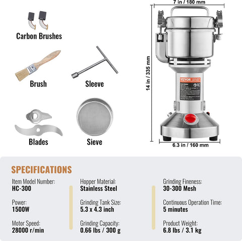 Elektrische Graanmolen - Droogmalen - Maalcapaciteit 300 g - Motortoerental 28000 rpm - met Borstel - Gietijzeren Maalplaten - Roestvrij Staal Trechter 403 - voor Huizen - Keukens - Ziekenhuizen en Farmaceutische Verwerkingsfabrieken