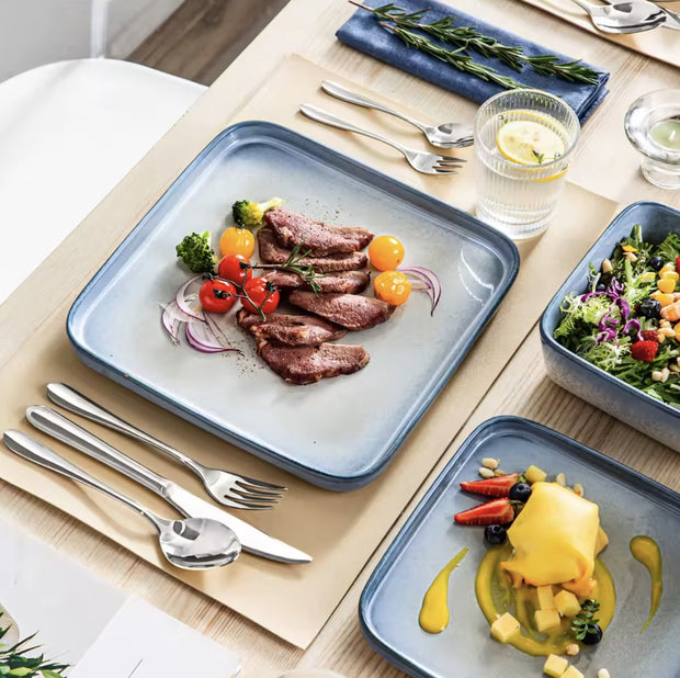 Dinnerware set white/blue - Ceramic - Square - Nevel - 8 large plates - 8 small plates - 8 bowls - 24 pieces - White - Blue