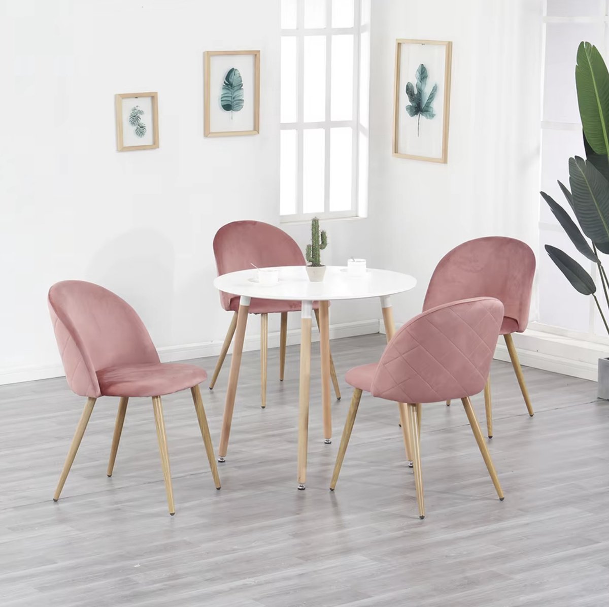Dining room chair - Set of 4 - Velvet dining room chair - Chair - Dining table chair - 4 pieces - Wooden leg - Pink