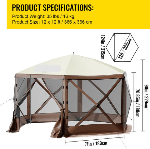Gazebo Tent - Campingluifeltent met Gaasramen - Grote Schaduwtenten - Draagbare Draagtas - Haringen - 6-Zijdige Pop-up -  300D Oxford-stof en B3-gaas - voor Buitenkamperen - Gazon en Achtertuin - 3,66 m x 3,66 m