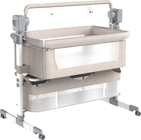 Elektrisch babybed - Wieg - Baby bedje - Ledikant - Bluetooth - Verplaatsbaar - Draagbaar - Klamboe - Bruin/Khaki