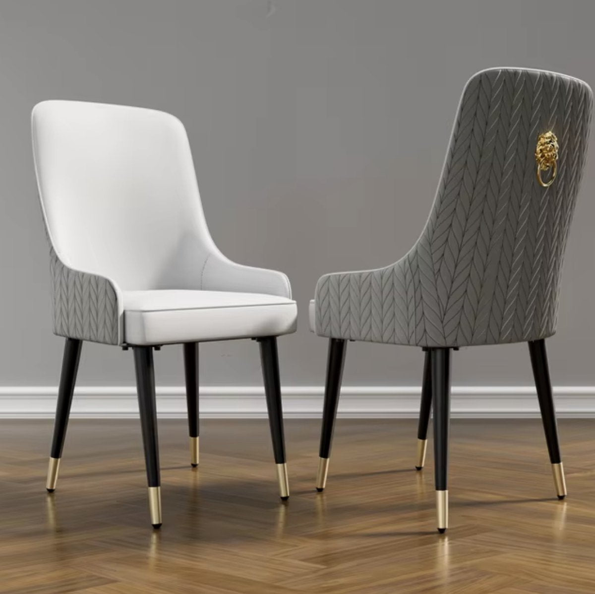 Eetkamer Stoelen - Eettafel stoelen - PU Leder - 2 stuks - Gouden leeuwen trekring - Grijs/Wit - Zwarte Poot