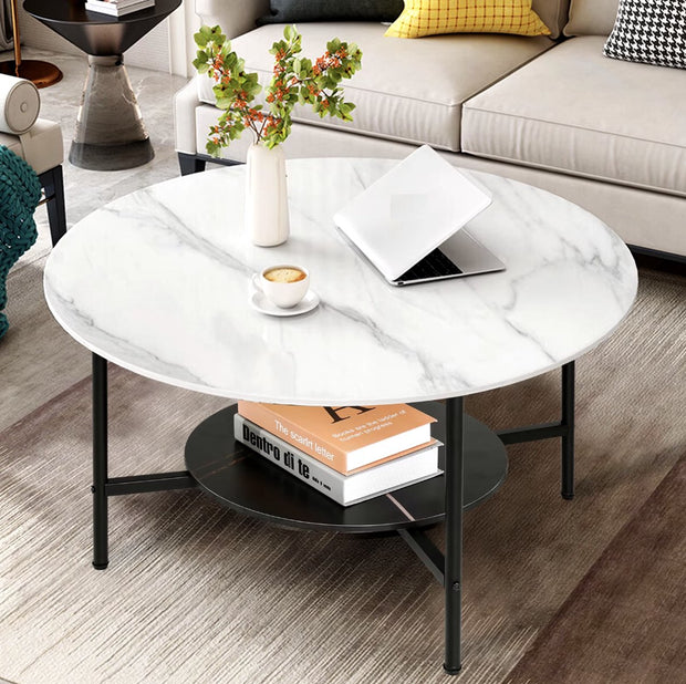 Salontafel - Ronde salontafel - Gesinterd steen - Marmerlook - 2 laags - Wit/Zwart - 80cm