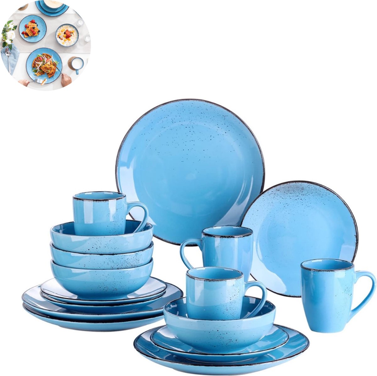 Luxe Serviesset- 16 Delig – 4 Persoons – Keramiek - Bordenset – Dinnerplaten – Dessertborden - Kommen - Mokken - Aquablauw
