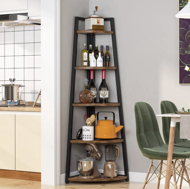 Bookcase - Corner cabinet - Cabinet with shelves - Quarter circle - 5 shelves - Industrial - Wood and metal - Brown/Black