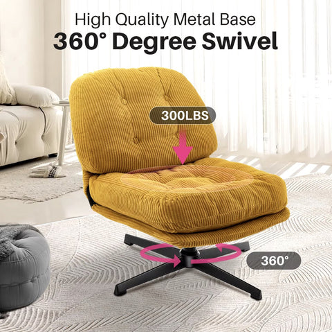 J&R Corduroy loungestoel - Stoel - Relax stoel - Draaibare stoel - Dikke kussens - Met hocker - Geel