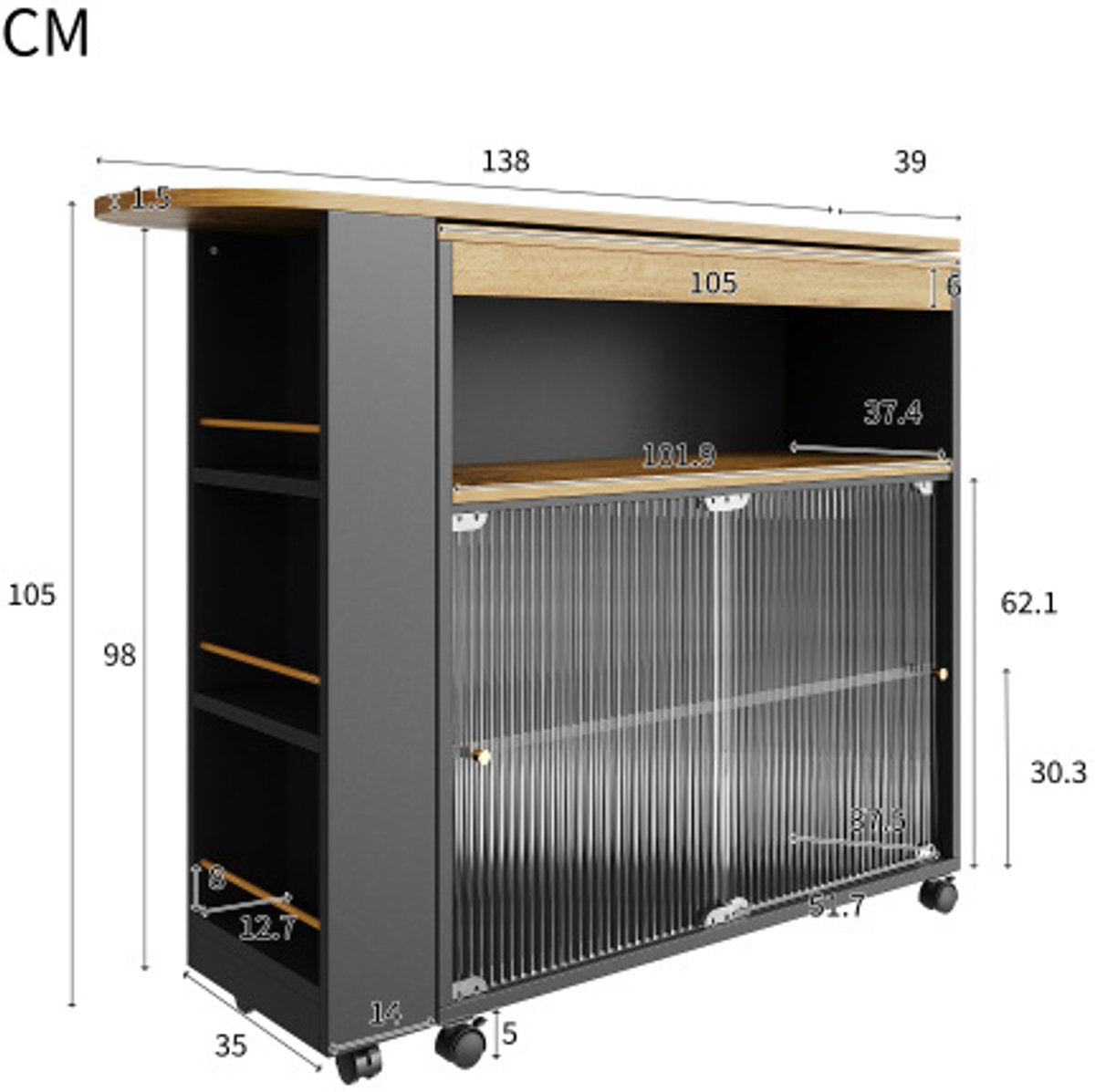 Uitschuifbare Bartafel met Opbergruimte - Moderne Verplaatsbare Bartafel - Telescopische Bartafel met LED - Bartafel - Bistrotafel - Hoge Tafel - Kookeiland - Bistrotafel - (138-204×39×105cm) - Zwart