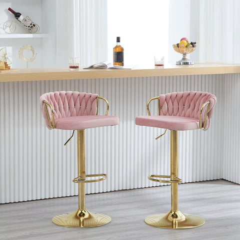 Luxe barkruk - Fluweel Barkruk - Set van 2 - Gevlochten - Hoogte verstelbaar - 360 graden draaibaar - Velvet - Gouden poot - Roze